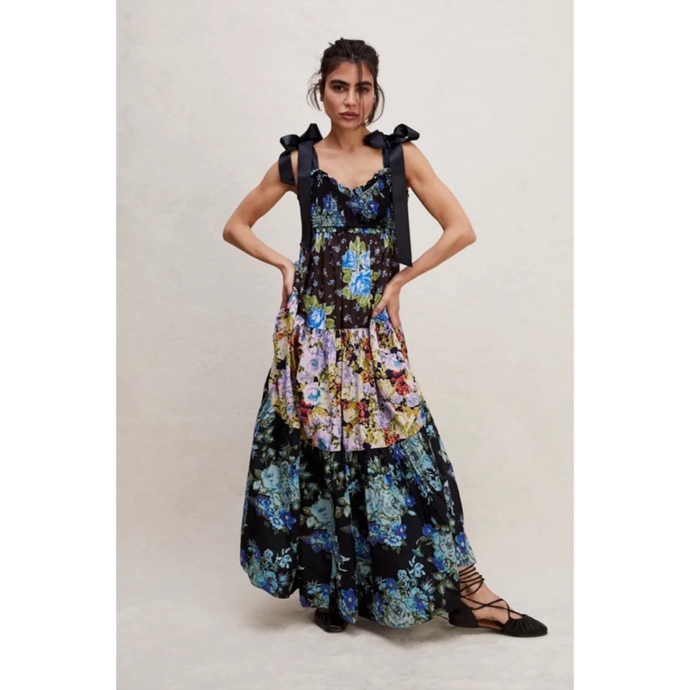 Free People Bluebell Boho Maxi Dress Ribbon Straps Floral Cool Combo - Picture 3 of 16